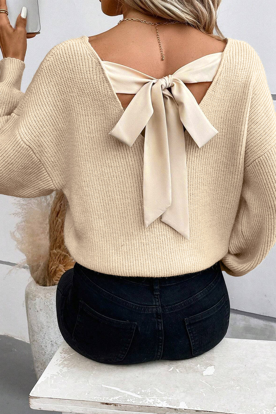 Lantern Sleeve V-Neck Bow Back Sweater- 4 Colors