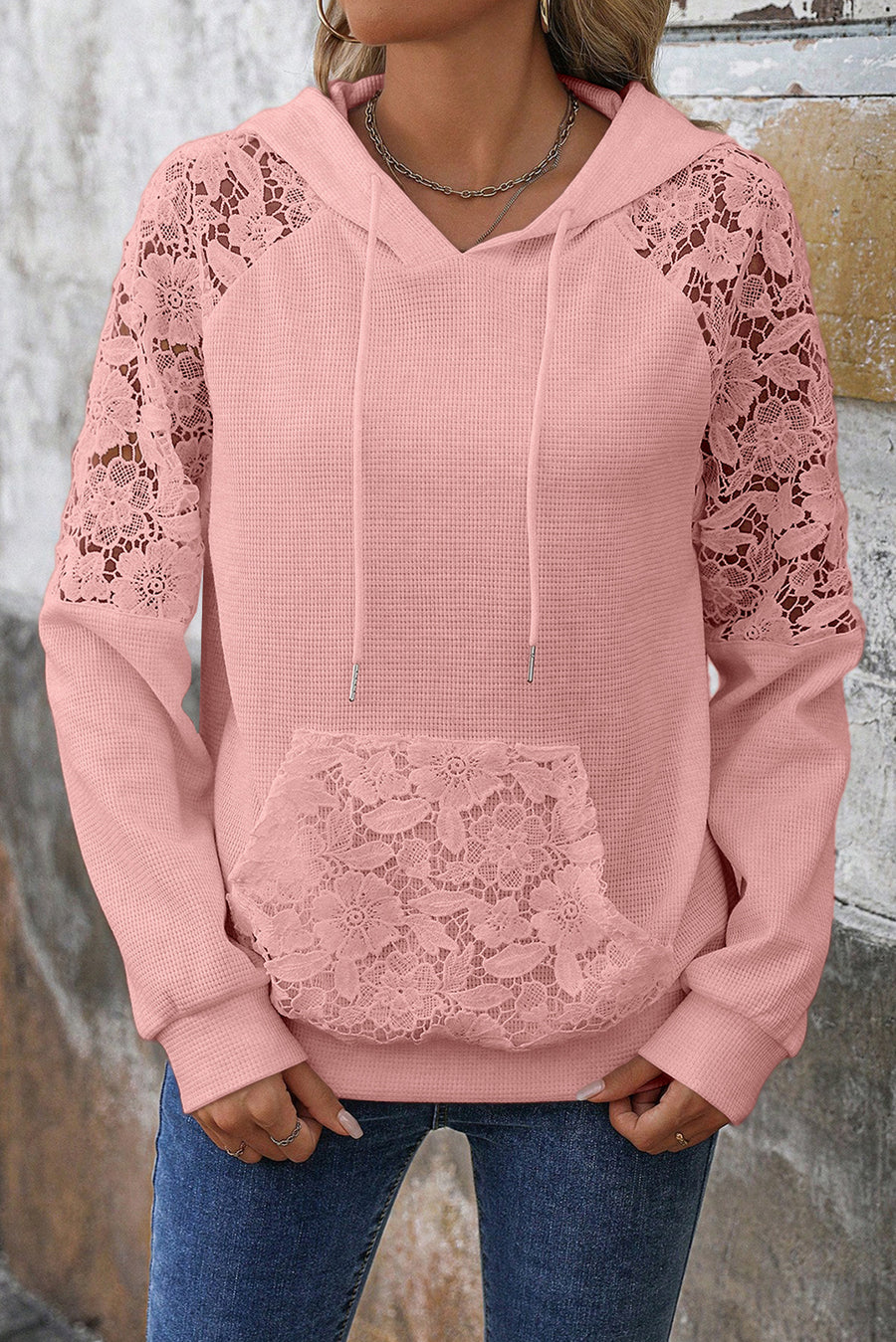 Lace Patchwork Raglan Sleeve Waffle Knit Hoodie with Pockets- 2 Colors