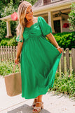 Bright Green Ruched Front Puff Sleeve Plus Size Maxi Dress