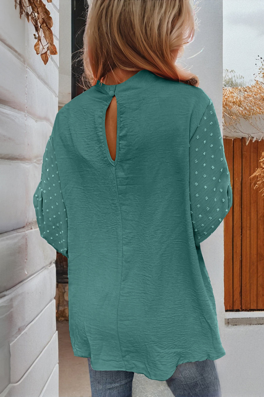 Spearmint Swiss Dot Mock Neck Balloon Sleeve Blouse