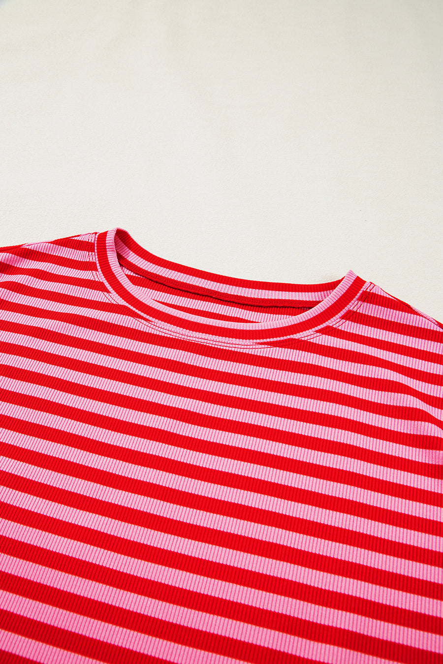 Striped Ribbed Cap Sleeve Crew Neck T-Shirt- 2 Colors