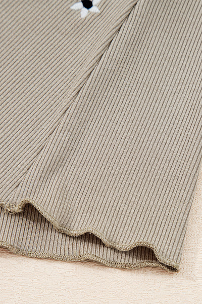 Jet Stream Floral Embroidered Detail Ribbed Long Sleeve Top