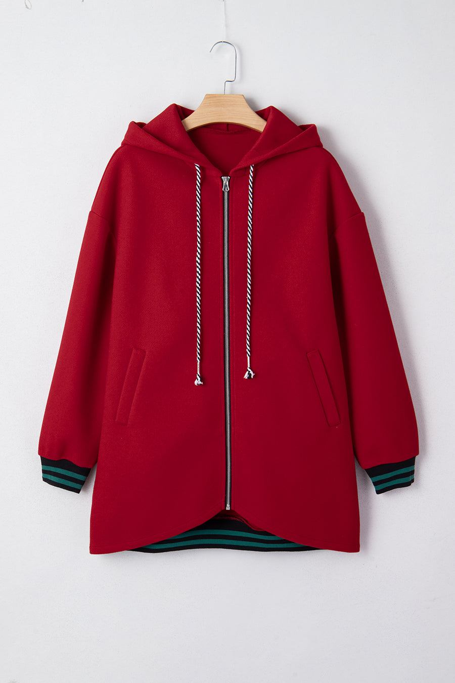 Contrast Cuff Drop Shoulder Zip-Up Tunic Hoodie- 3 Colors