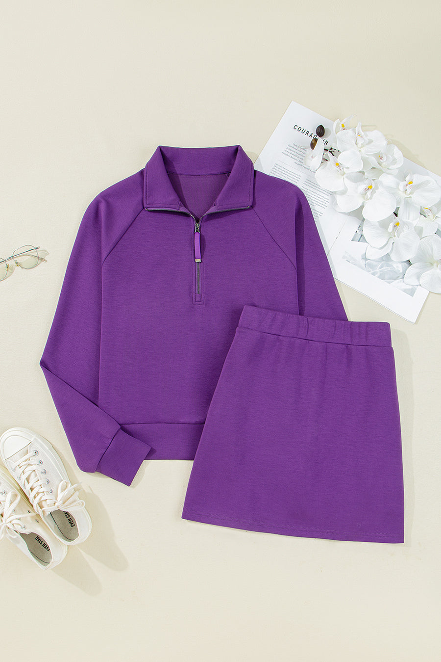 Zip-Up Sporty Pullover & Mini Skort Set- 3 Colors