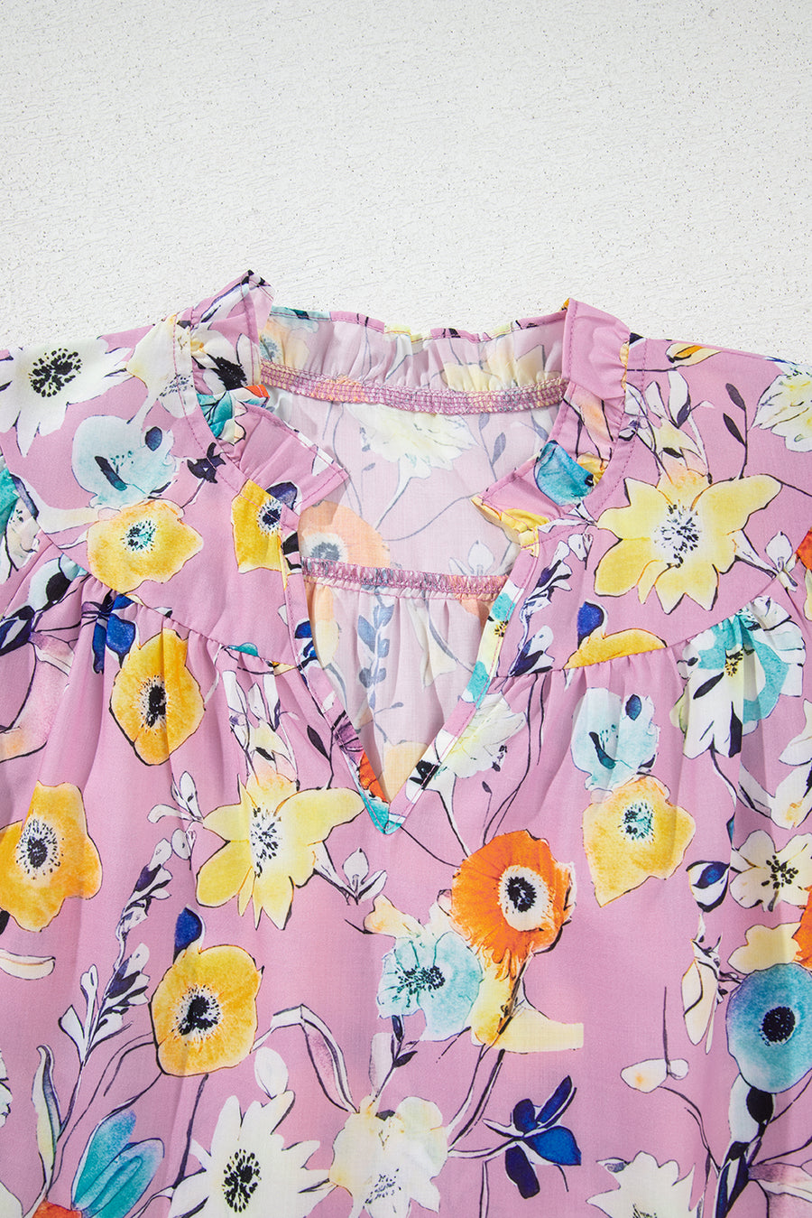 Pink Flutter Sleeve Frill V Neck Floral Top