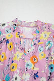 Pink Flutter Sleeve Frill V Neck Floral Top