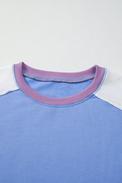 Blue Colorblock Patchwork Round Neck Pullover Sweatshirt