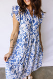 Blue Floral Ruffled Short Sleeve Tiered Midi Dress