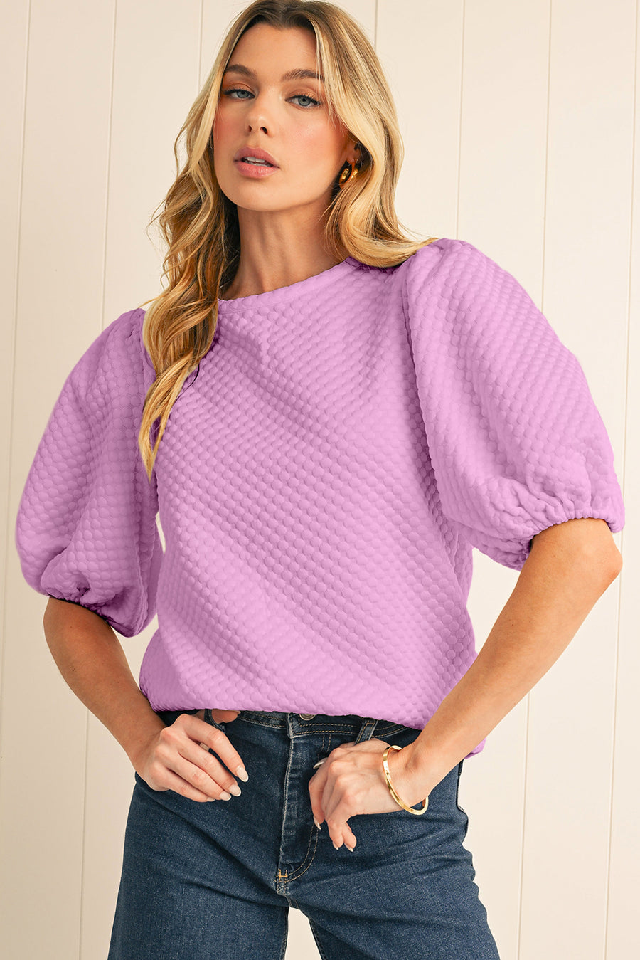 Orchid Textured Crew Neck Puff Sleeve Blouse