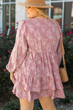 Plus Size Peach Floral Surplice V-Neck Long Sleeve Tiered Ruffle Mini Dress