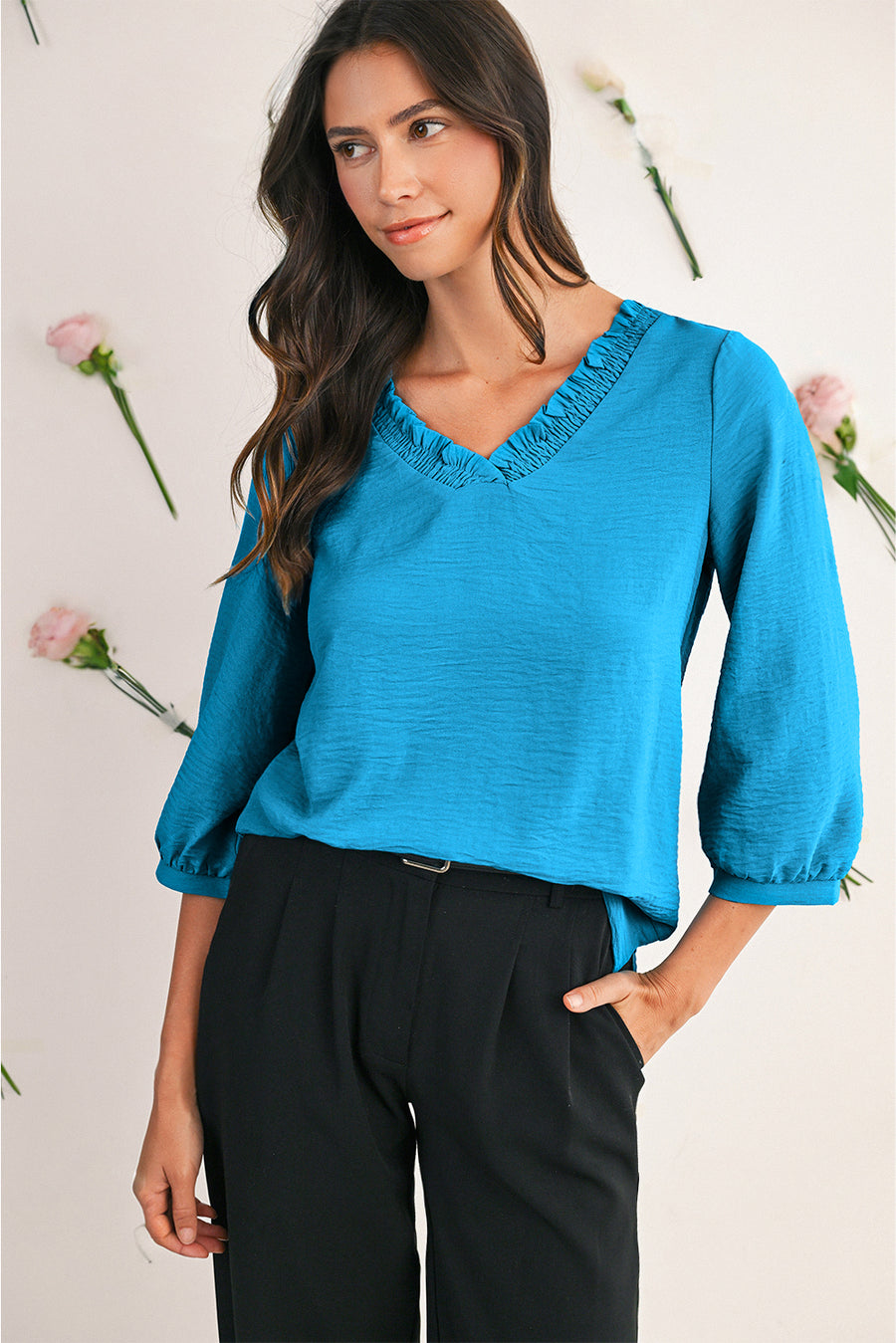 Frill V-Neck Lantern Sleeve Crinkled Blouse- 3 Colors