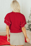 Red Pearl Embellished Double Ruffle Short Sleeve Sweater
