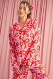 Pink All Over Bow Print Long Sleeve Button-Up Top and Pants Pajama Set