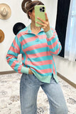 Coral & Turquoise Striped Drop Shoulder Button Collar Side Slit Long Sleeve Shirt