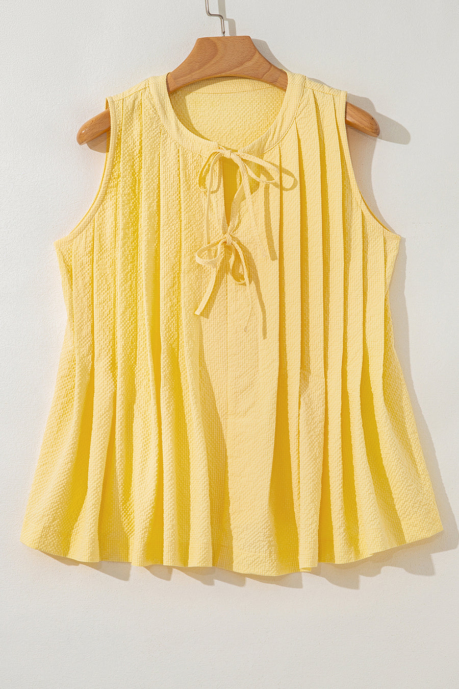 Butter Yellow Waffle Textured Tie Front Notched Neck Pleated Sleeveless Blouse