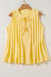 Butter Yellow Waffle Textured Tie Front Notched Neck Pleated Sleeveless Blouse
