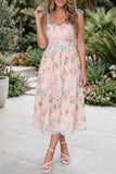 Floral Contrast Trim Tie Strap Midi Dress B