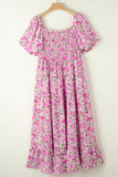 Plus Size Pink Floral Smocked Puff Sleeve Maxi Dress