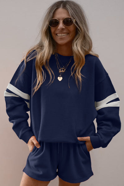 Varsity Striped Sleeve Drop Shoulder Sweatshirt and Shorts Set- 5 Colors