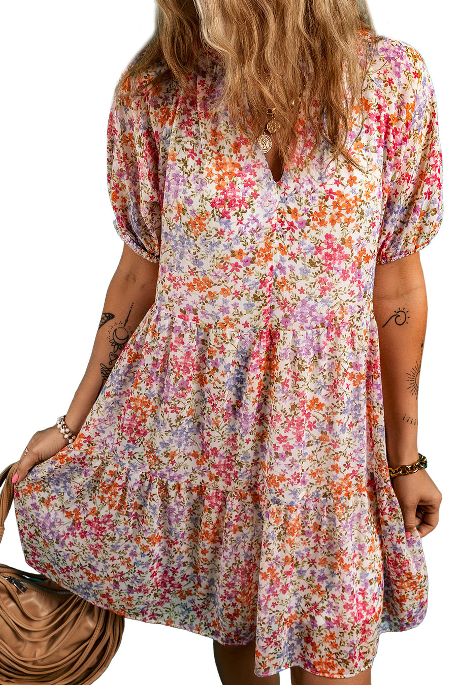 Multicolored Floral Print Notched V-Neck Puff Sleeve Tiered Mini Dress