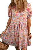 Multicolored Floral Print Notched V-Neck Puff Sleeve Tiered Mini Dress