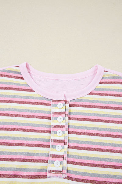 Pink Striped Patchwork Henley Sweatshirt
