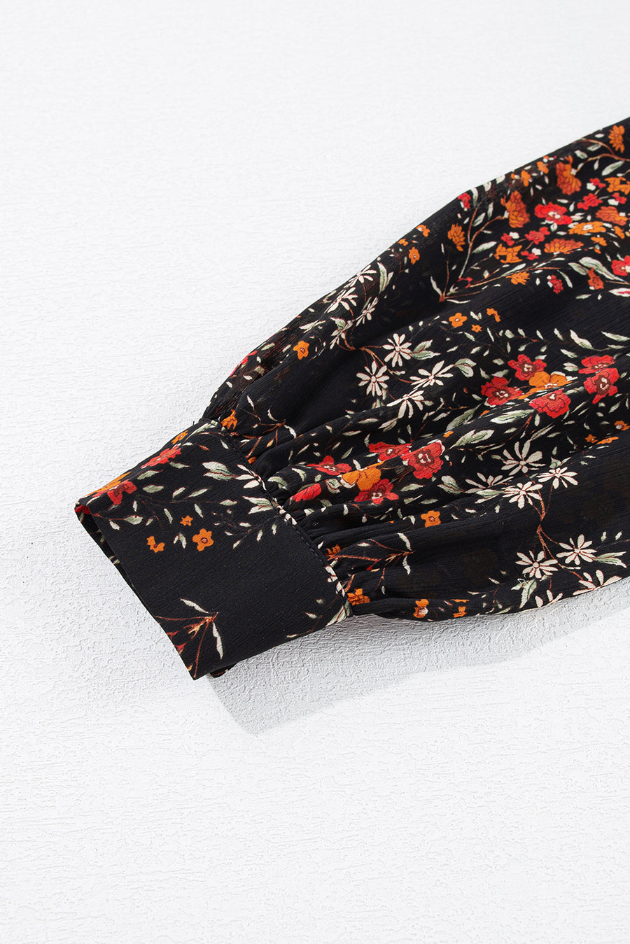 Black Floral Collared Button-Up Lantern Sleeve Blouse
