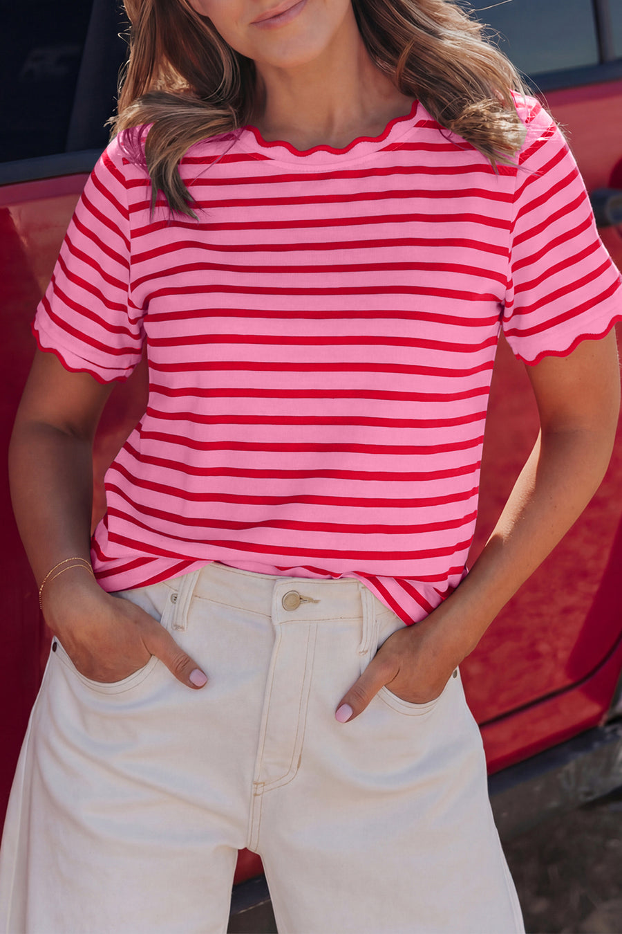 Striped Scalloped Trim Crew Neck Short Sleeve T-Shirt- 5 Colors