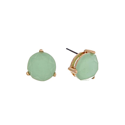 Gold Tone Round Stone Post Earrings- Mint Green