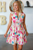 Pink and Blue Floral Print V-Neck Zip-Up Smocked Waist Flared Mini Dress