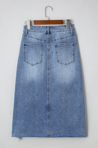 Myosotis Irregular Distressed Hem Denim Midi Skirt