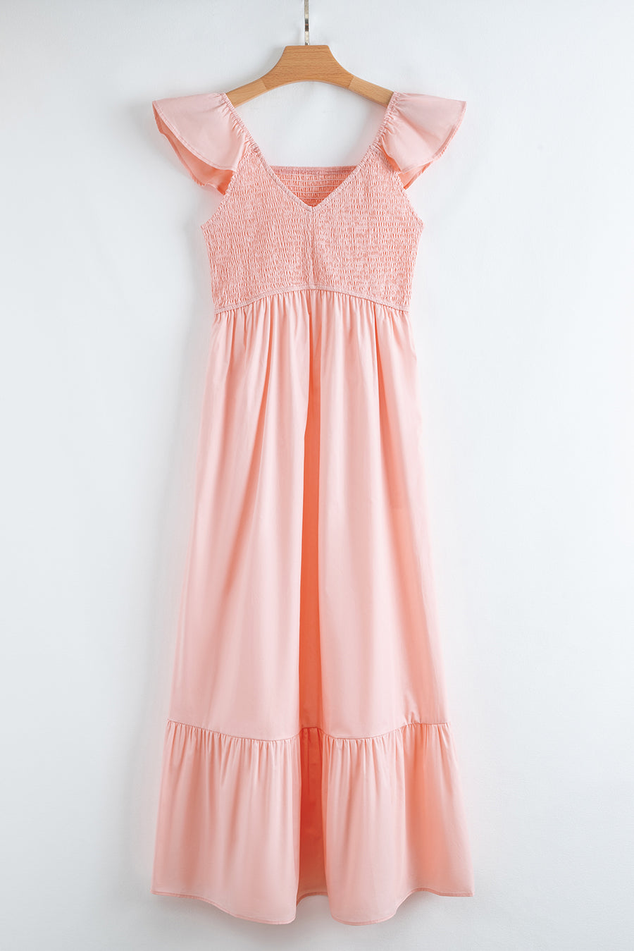 V-Neck Flutter Sleeve Smocked Bodice High Waist Ruffle Maxi Dress with Pockets- 2 Colors