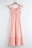 V-Neck Flutter Sleeve Smocked Bodice High Waist Ruffle Maxi Dress with Pockets- 2 Colors