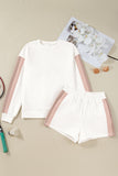 White Color Block Drop Shoulder Pullover Sweatshirt & Shorts Outfit