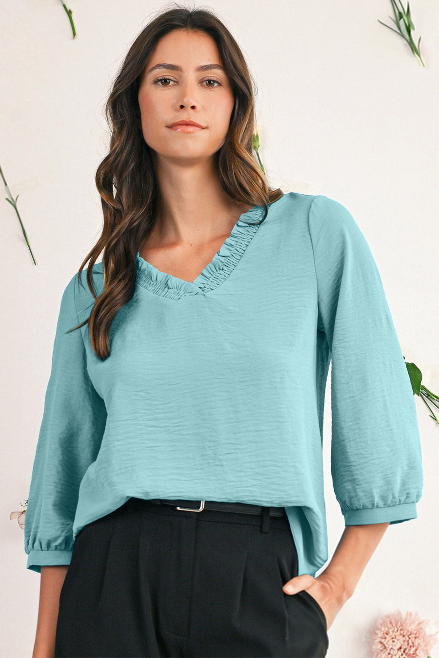 Frill V-Neck Lantern Sleeve Crinkled Blouse- 3 Colors
