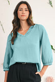 Frill V-Neck Lantern Sleeve Crinkled Blouse- 3 Colors