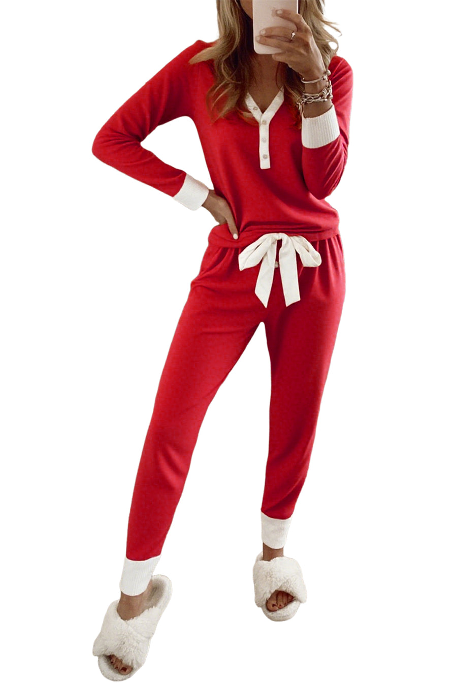 Red & White Trim Button-Up V-Neck Long Sleeve Top and Pants Pajama Set