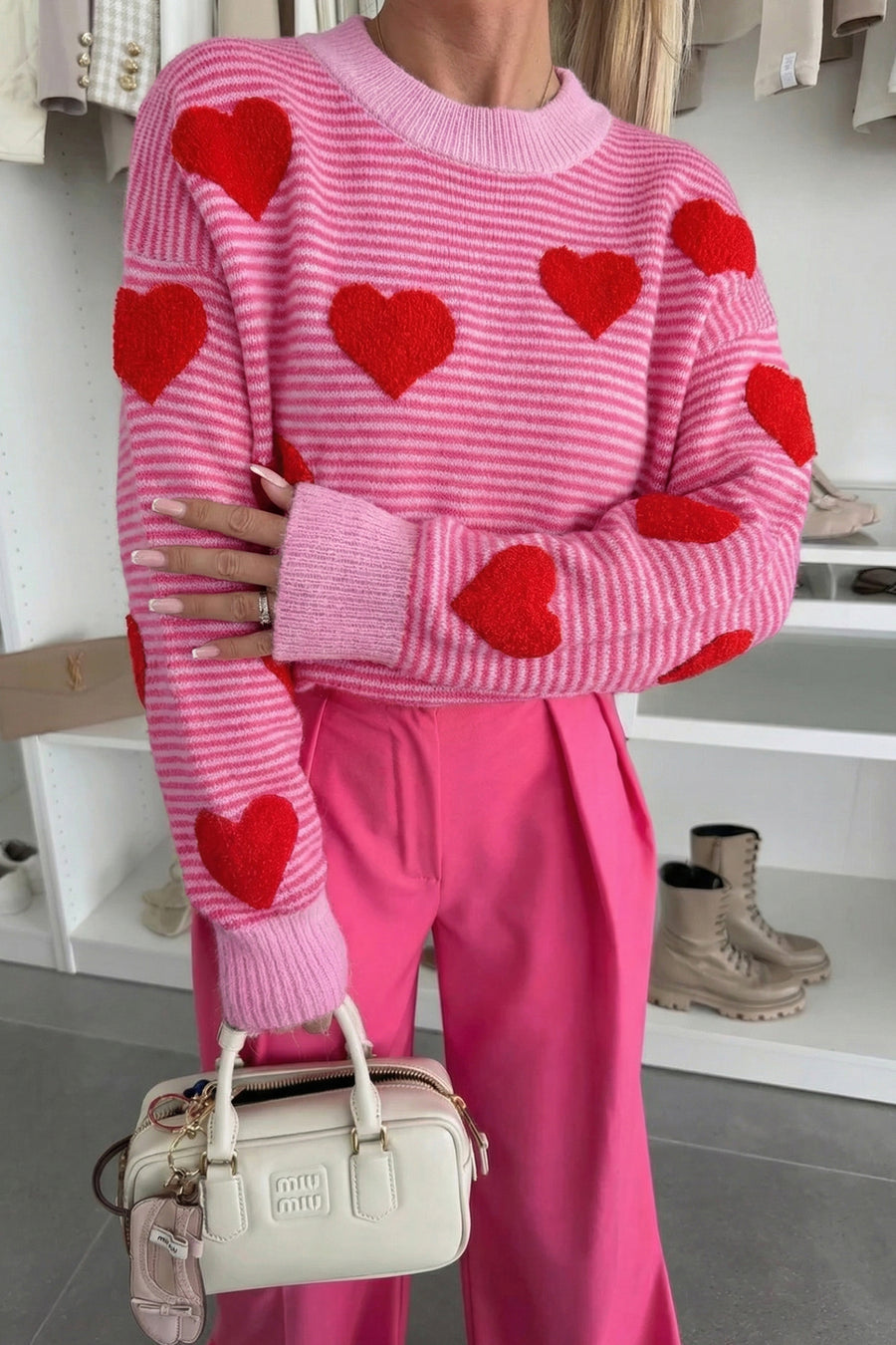 Striped Heart Pattern Drop Shoulder Mock Neck Knit Sweater- 2 Colors
