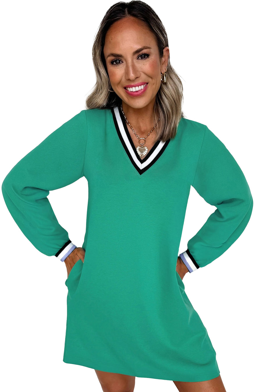 Green Contrast Striped V-Neck Long Sleeve T-Shirt Dress with Pockets