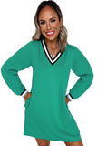 Green Contrast Striped V-Neck Long Sleeve T-Shirt Dress with Pockets