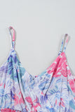 Blue and Pink Floral Spaghetti Strap Surplice Neck Shirred Waist Mini Dress