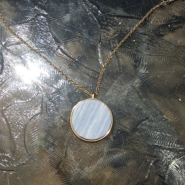 Gold Tone Double-Sided Stone Disk Necklace- Howlite & Blue