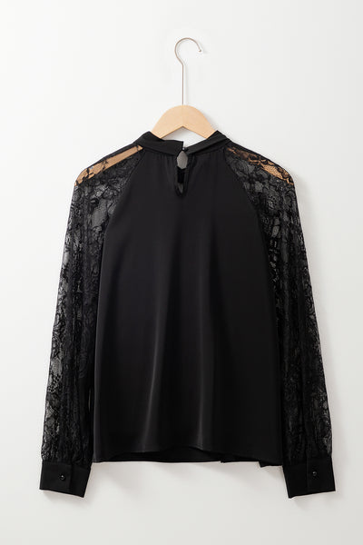 Black Keyhole Lace Splicing Raglan Sleeve Blouse
