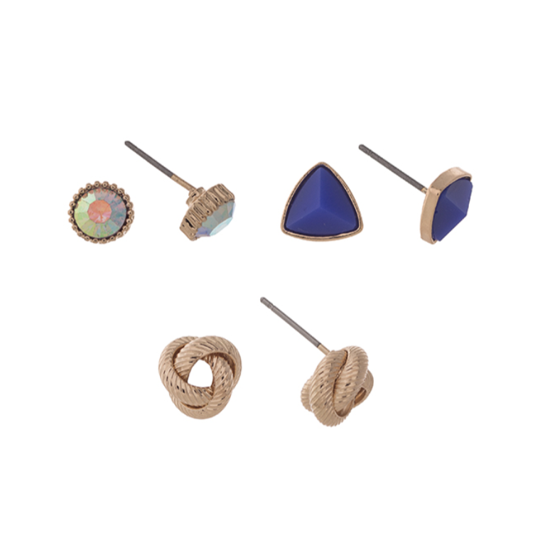 Gold Tone Rhinestone, Knot, and Triangle Post Earrings Trio- Royal Blue