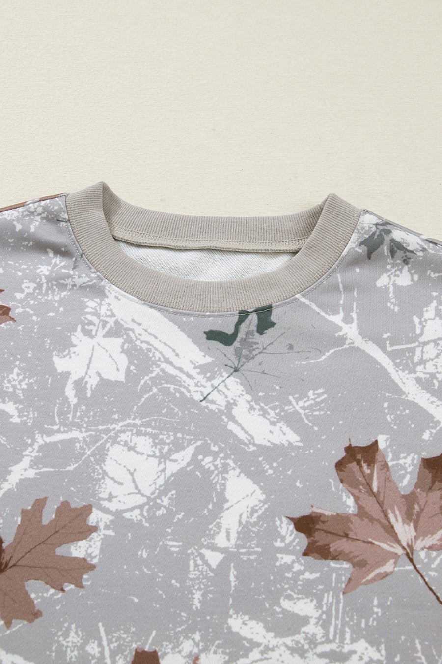 Gray Maple Leaf Camouflage Print Varsity Striped Sleeve Casual Sweatshirt