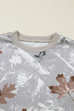 Gray Maple Leaf Camouflage Print Varsity Striped Sleeve Casual Sweatshirt