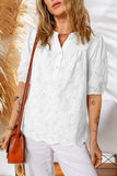V-Neck Short Sleeve Eyelet Button-Up Blouse- 3 Colors