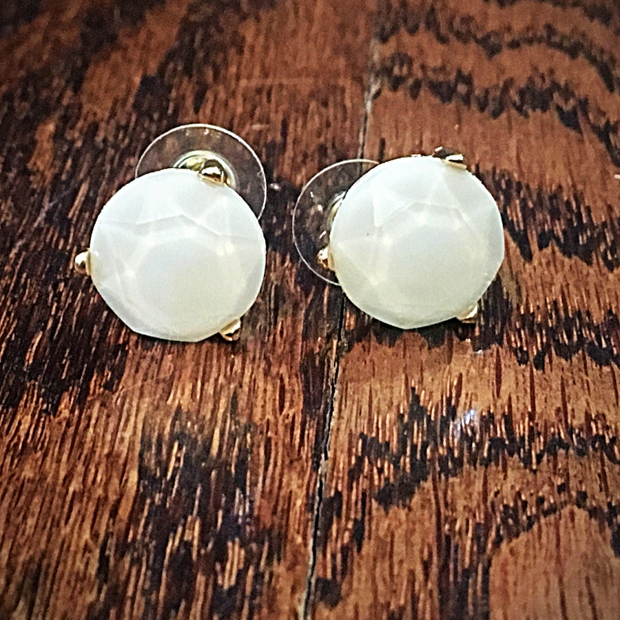 Gold Tone Round Stone Post Earrings- White