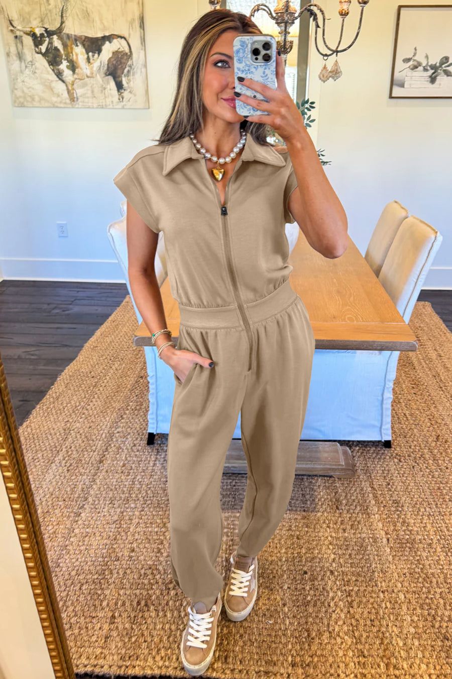 Khaki Zip-Up Short Sleeve Collared Jumpsuit with Pockets