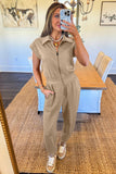Khaki Zip-Up Short Sleeve Collared Jumpsuit with Pockets